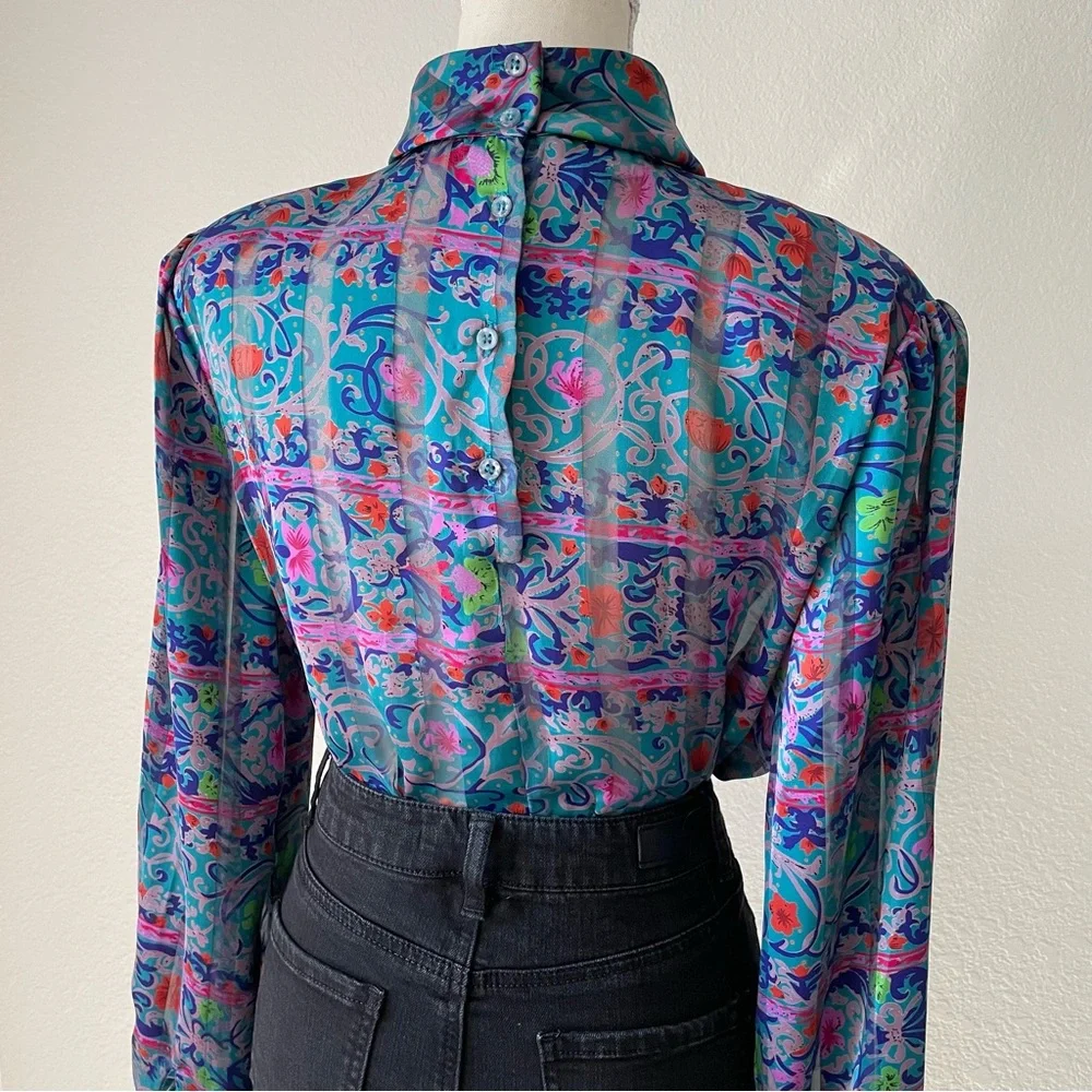 NICOLA AMAZING VINTAGE FLORAL MOCK NECK BUTTON DOWN BALOON SLEEVE BLOUSE TOP - Picture 8 of 16